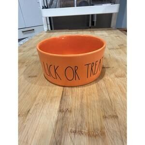 Rae Dunn Halloween CERAMIC PET Bowl LICK OR TREAT  6" Orange with Black *